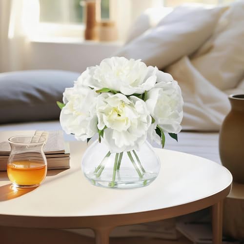 Artificial Peonies with Glass Vase, Faux Peony Silk Flower Arrangement with Faux Water, for Bathroom, Table, Shelf, and Home Decor Centerpiece, Elegant Spring Decor (White) - color: White, size: Peony, PU