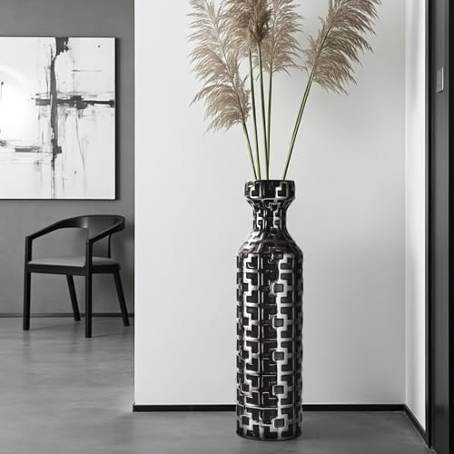 24.4 Inch Tall Floor Vase - Ceramics Black Vases with Silver Geometric Patterns, Large Cylinder Vases, Modern Home Decor for Living Room, Entryway, or Indoor Spaces - color: Black With Silver