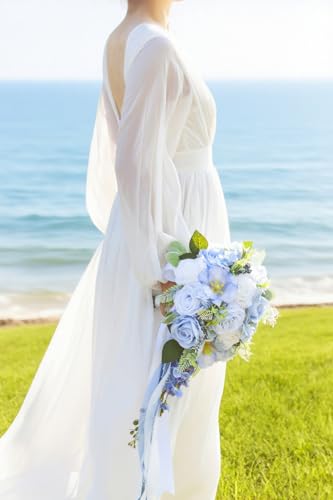 12 Inch Cascade Wedding Bouquets for Bride, Dusty Blue & White Cascading Bridal Bouquet for Wedding Silk Artificial Flowers - color: Dusty Blue & White