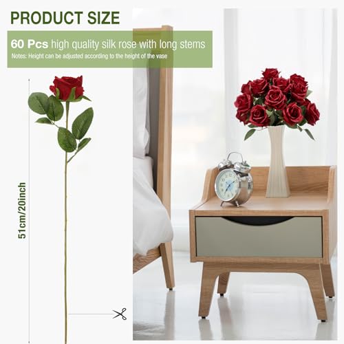Jexine 60 PCS Artificial Roses Bulk Silk Flowers with Long Stems, Realistic Faux Rose Bouquet for Wedding Centerpieces, Valentine’s Party, Home Decor(Burgundy) - color: Burgundy