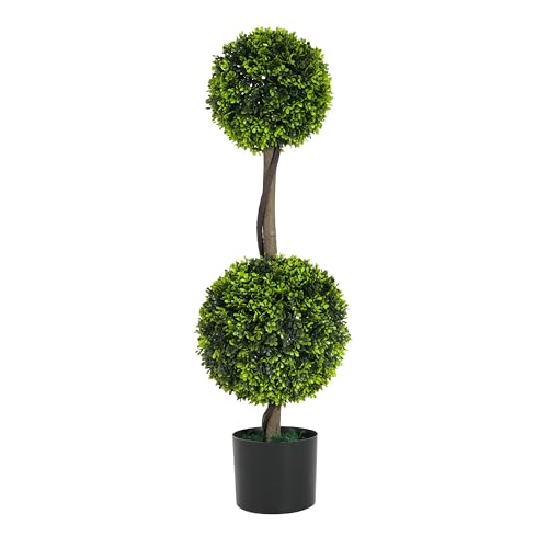 Christopher Knight Home Alene Set of 2 34''H Pre-Potted Artificial Tree Indoor, Artificial Topiary Boxwood Tree Double Ball with Pot, Faux Tree with Natural Wood Trunk with Black Plastic Pot, Green - color: Green/34''h