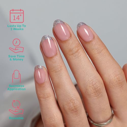 32Pcs Soft Gel Press on Nails for Women, Glitter Silver, Short Oval | Bare Nude French Tip False Fake Nails Press Ons for Office Daily Wear, Salon Quality Reusable Glue & Stick on Nail Gift Kit - color: 5J-Glitter Silver