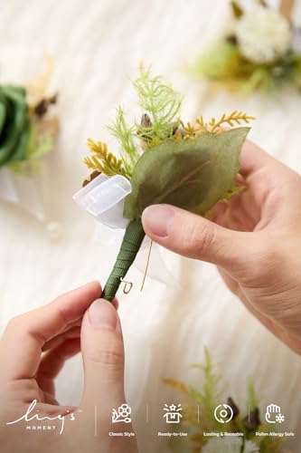 Ling's moment Boutonniere for Men, 6pcs Groom Groomsmen Boutonniere, Artificial Flowers for Wedding Decor/Prom/Homecoming, etc.Emerald Green Beige - color: Grn-emerald Green & Beige