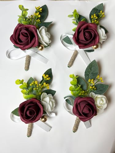 6PCS Red Boutonniere for Men,Burgundy Boutonniere Pins for Groomsmen Guest, Artificial Flowers for Wedding Decor Prom Homecoming - color: Red