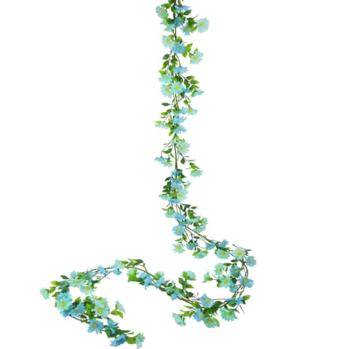 CISDUEO Artificial Daisy Flowers Vine Silk Wildflower Garland Spring Fake Flower Vine Hanging Ivy Blue Daisy Flowers Green Leaves for Wall Party Wedding Arch Floral Decor Home Indoor Outdoor Ceremony - color: Blue