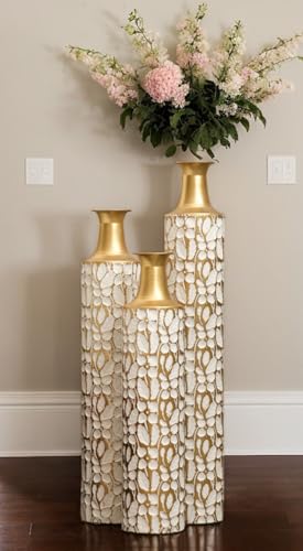 Tall Floor Vases Set of 3 for Decor Living Room Floor, Gold and White Vases Home Decor, Embossed Body Pattern, 32.3" H/28 H/24 H Geometric Cylinder (Gold 1) - color: Gold 1