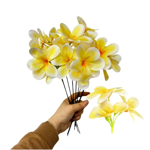 10 Bunch Pink Artificial Flowers Fake Plumeria Flower with Stems,12inch Real Touch Lifelike Frangipani Flower Bouquets for Wedding Engagement Party Cake Topper Spring Flowers Beach Decor (Yellow) - color: Yellow