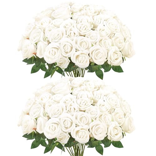 Sggvecsy 50 Pcs Artificial Roses Fake Flowers Velvet Silk Roses with Stems Bulk Realistic Faux Flowers for Bridal Bouquets Wedding Centerpieces Valentines Day DIY Home Party Decor (Ivory) - color: Ivory