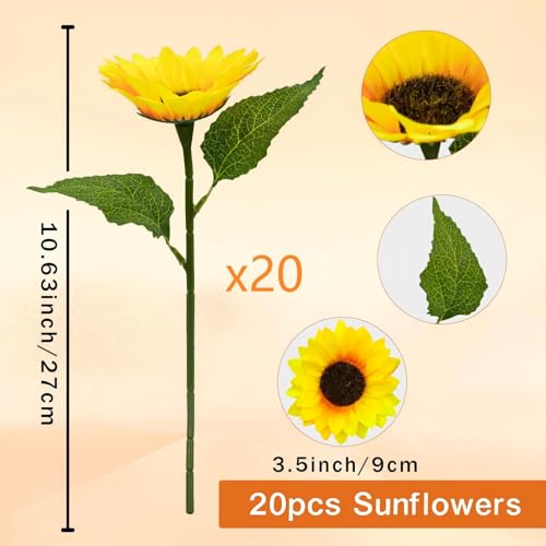 20Pcs Artificial Sunflowers, Realistic Fake Sunflowers with Stems, Faux Silk Sunflower Bouquet Yellow Flowers for Home Kitchen Farmhouse Decor, Fall Table Centerpieces, Wedding Party (10.6") - color: Sunflower