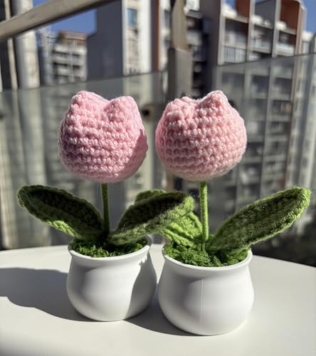 Crochet Tulip Flowers, 2pcs Small Potted Flower Tulip Artificial Flowers Handmade Knitted Tulips Potted Plants for Home Office Desk Decorations Gift (Pink) - color: Pink Tulip
