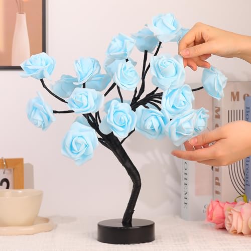Drawelry Rose Flower Tree Lamp - LED Rose Tree Table Lamp USB/Battery Powered Artificial Bonsai Flower Night Light for Bedroom Living Room Party Wedding Birthday Decor (Blue) - color: Blue