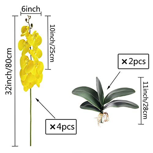 FagusHome 32" Artificial Phalaenopsis Flowers 4 Pcs with 2 Bundles Leaves Artificial Orchid Flowers Stem Plants Fake Butterfly Phalaenopsis Flowers for Home Wedding Party Décor (Yellow) - color: Yellow