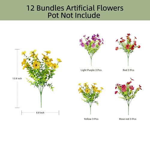 Artificial Flowers for Outdoors UV Resistant, 12 Bundles Realistic Faux Daisy with Eucalyptus Leaves Fake Plants for Porch Patio Planter Garden Decoration (Purple Red Rose Yellow) - color: Purple Red Rose Yellow