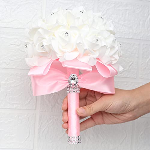 Yoanshop Wedding Bouquets for Brides or Bridesmaids Crystal Silk Roses Bridal Bridesmaid Wedding Hand Bouquet Artificial Fake Flowers (Pink) - color: Pink