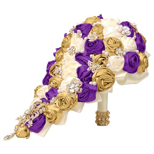 Handmade Satin Rose Water Drop Bridal Bouquet,8.7inch Crystal Wedding Round Tossing Bouquet,Jewelry Proposal Bridesmaid Bouquet Groom Corsage Bride Wrist Flower Ivory (07#Ivory Purple Gold) - color: 07#ivory Purple Gold