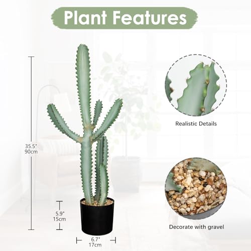 DILATATA 35.4” Tall Fake Cactus Plant Potted Large Cactus Euphorbia lactea 'White Ghost' Big Cacti Plants Artificial Cactus for Home Garden Office Decor Housewarming Gifts Faux Cacti - color: White Ghost