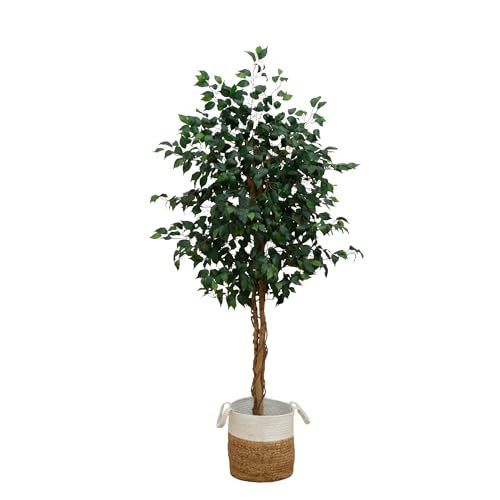 Nearly Natural 6ft. Triple Trunk Ficus Artificial Tree with Natural Trunks in Handmade Natural Jute and Cotton Basket Planter - size: 6ft, style: Tree in Basket