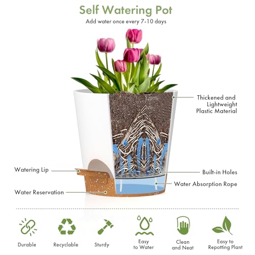 WSMKSZ 7/6.5/6/5.5/5/4 inch Self Watering Pots for Indoor Outdoor Plants, 6 Pack Plastic Flower Planters with Drainage Holes and Removable Saucers, Plant Pots with Wicking Rope, White Brown - color: White Brown, size: 7+6.5+6+5.5+5+4inch 6pcs