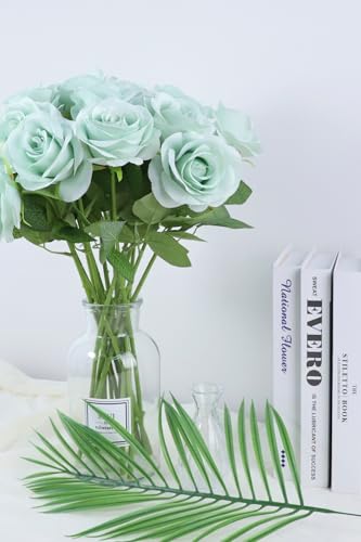 JUSMAI 12pcs Roses Artificial Flowers Real Touch Fake Flowers with Long Stems Silk Flowers for Wedding Bouquet Centerpices Decorations Party Bridal Baby Shower Home Decor (Sage Green) - color: Sage Green, size: 12PCS