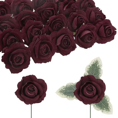 IPOPU 20pcs Burgundy Roses Artificial Velvet Flower Heads Realistic Faux Rose Flowers with Stems in Vase for Wedding Bouquets Bridal Shower Party Home Centerpieces Table Decor (Burgundy) - color: Burgundy