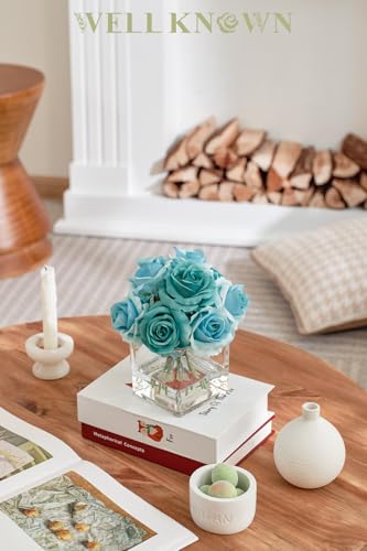 WELL KNOWN Rose Artificial Flowers in Vase with Faux Water, Silk Rose Table Centerpieces for Home Coffee Table Decor, Fake Roses Flower Arrangements for Office Hotel Lavatory Decor (Teal Blue) - color: Teal Blue