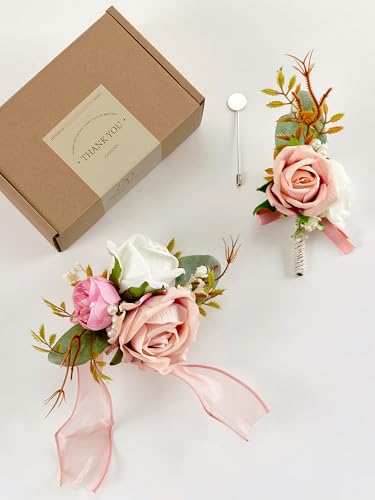 SITUMEIZI 2Pcs Pink Corsage and Boutonniere Set Wrist Corsage Bracelets and Boutonniere for Men Wedding Prom Party Suit Decor - color: Pink