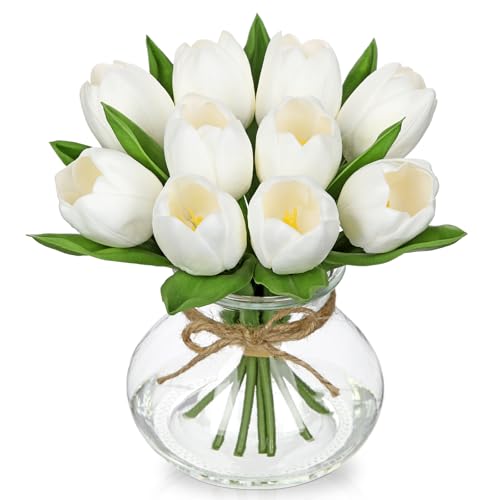 DILATATA Tulips Artificial Flowers in Vase White Fake Flowers Centerpiece with Glass Vase with Faux Water Faux Tulip Bouquet Floral Arrangement for Table Home Office Decor Wedding Thanksgiving - color: Round Vase**/White/1 Set