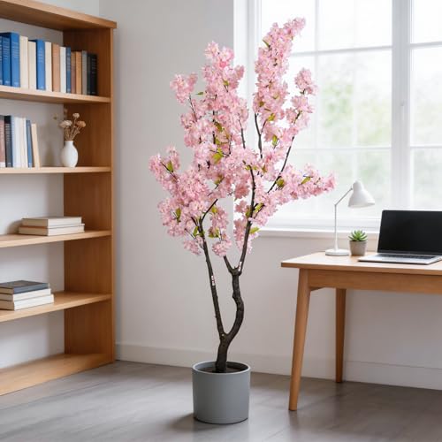6.56ft Tall Pink Artificial Cherry Blossom Tree Decor, Fake Silk Flower Plant Indoor, Sakura Tree Realistic Faux Cherry Tree for Christmas New Year Home Decor - color: Pink-ap18