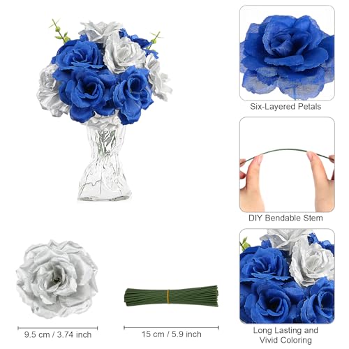 LELEE 108pcs Roses Head Flowers with Stem, Royal Blue and Silver Artificial Flowers Rose Bulk, Silk Rose Fake Flower for Baby Shower, Birthday, Graduation, Retirement, Anniversary Party Decorations - color: Silver-blue
