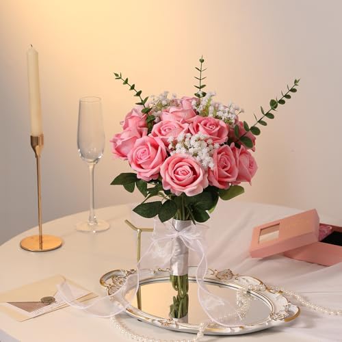 Hawesome 12PCS Artificial Flowers Fake Roses, Realistic Velvet Long Stem Red Roses Bouquet for Wedding Centerpiece Home Decor Party & Valentines (Pink) - color: Pink2