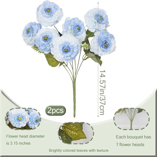 2 Pcs Artificial Flowers Zinnias Silk Flowers with Stems Blue Zinnia Elegans Artificial Flowers for Outdoors Floral Arrangements Table Centerpieces Wedding Party Home Spring Summer Decor - color: Blue