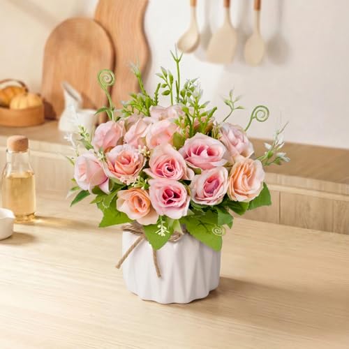 Fake Flowers with Vase,Pink Roses Artificial Flowers in Vase | Faux Flower Plant Arrangement,No Maintenance Faux Flower Arrangement, 6.3 Inch Realistic Table Decor for Home Office Wedding - color: Pink