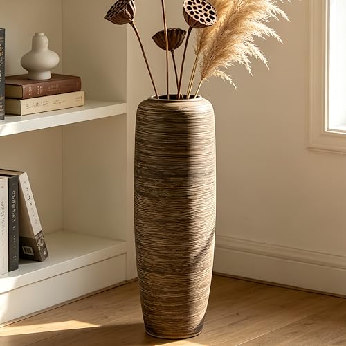 23.6 Inch Rustic Ceramic Large Floor Vase, Ribbed Textured Rustic Farmhouse Vase for Pampas Grass, Living Room & Entryway Décor, Handmade Ceramic Accent - size: 23.6 Inch