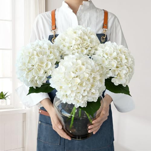 JINWOE White Hydrangea Artificial Flowers, 4Pcs 22" Large Lifelike Faux Silk Flowers, Full Fake Artificial Hydrangeas with Stems for Bouquet Table Centerpieces Home Outdoor - color: White