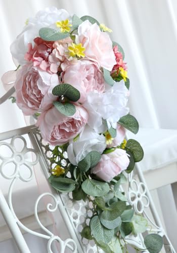 9.8 Inch Cascading Bridal Bouquet Waterfall Cascade Wedding Bouquet Bride with Artificial Rose Peony Flower Rustic Boho Wedding Ceremony Bouquet Pale Pink and White - color: Pale Pink & White