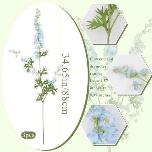 CITYES 3 Pcs Delphinium Artificial Flowers Bulk 35" Long Stem Silk Larkspur Flowers Blue Artificial Snapdragon Flower Stems Faux Bouquets for Tall Vase Floral Arrangements Home Outdoor Wedding Decor - color: Blue