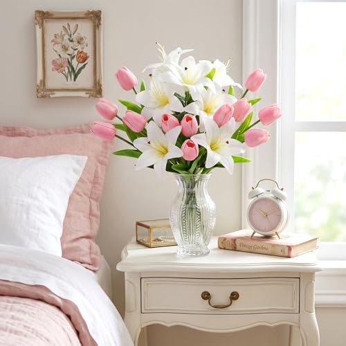 Giegxin 18 Pcs Artificial White Lilies with Pink Tulips, Latex Fake Tiger Lily Bouquet for Spring Home Church Wedding Decorations, Faux Tulips Floral Arrangement - color: White, Pink, style: Lily, Tulips