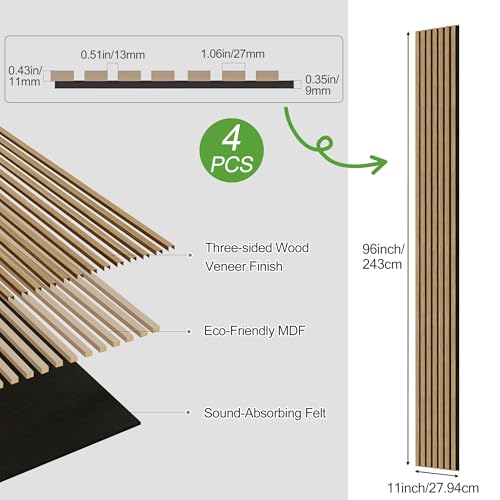 4 Pack Wood Panels for Wall, 96" x 11" Wood Slat Acoustic Panels, Acoustic Wall Panels for Interior Wall Decor, Sound Absorbing Wall Panels for Noise Reduction and Decoration, Ashen Oak - color: Ashen Oak, size: 4PCS-96" x 11"