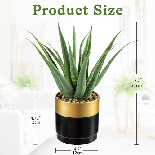 Briful Succulents Artificial Plants Realistic Agave Plant, Gold Black Metal Pot, Farmhouse Aloe Vera Fake Plants for Home Office Desk Bathroom Shelf Decorations - color: Green Agave Gold Black Vase