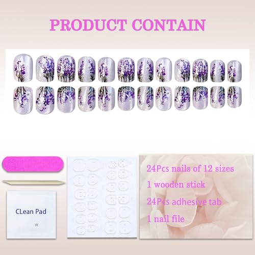 24Pcs Cat Eyes Press on Nails Short Square Flower Nails Press ons Purple Fake Nails with Lavender Designs False Nails Gel Artificial Acrylic Nail Extra Short Fingernail Stick on Nails for Women