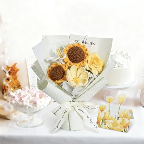 Crochet Flower Bouquet Handmade Artificial Flowers with Card - color: Sunflower