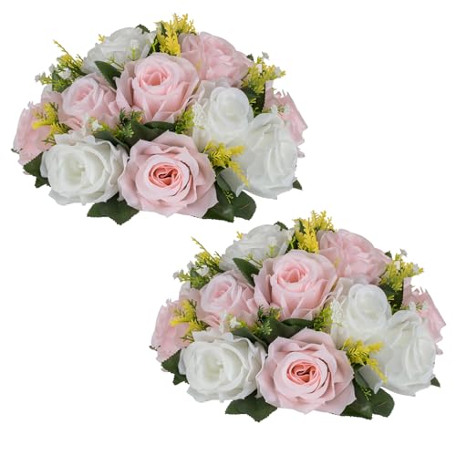 NUPTIO Flower Ball Centerpieces for Tables: Artificial Pink & White Rose Arrangements for Wedding Centerpiece - 2 Pcs Faux Silk Floral Kissing Balls for Home Gender Reveal Party Mother's Day Decor - color: Light Pink & Pure White, size: 2 Pcs