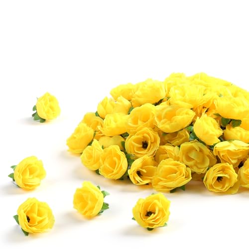 SITUMEIZI 100 Pcs 1.3 inches Mini Rose Head Artificial Roses Fake Silk Flower Yellow for Wedding Decor, Graduation Cap, Cake, DIY Flower Wall Mother's Day Home Party Decor - color: Yellow