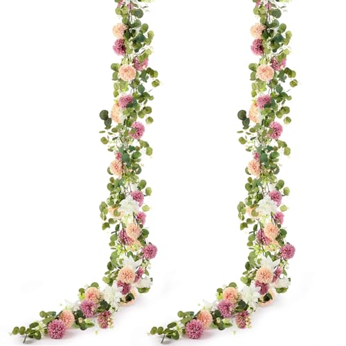 Giegxin 1 Pack 6 ft Artificial Flower Garland with Dahlias and Chrysanthemum Dusty Pink Summer Eucalyptus Greenery Garland for Wedding Porch Stair Table Centerpieces Baby Shower Birthday Decor - style: Chrysanthemum