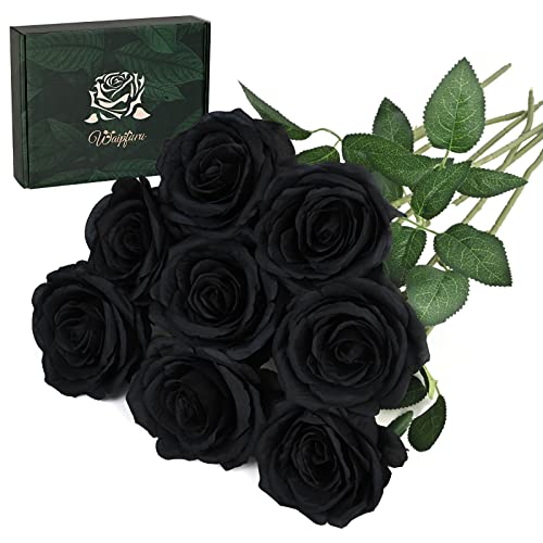 Waipfaru 8 Pcs Artificial Flowers Fake Silk Black Roses Bulk, Faux Real Touch Roses Bouquet with Long Stem for Wedding Party Home Decor (Black) - color: A-black, size: 8 Pcs
