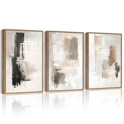 PHOPAGO Modern Abstract Framed Wall Art Mid Century Minimalist Beige Pastel Neutral Wall Decor for Kitchen Bathroom - 11x14in Natural Framed - color: White Abstract, size: 14L" x 11W" x 3 Pcs Natural