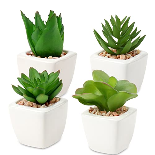 Hollyone Succulents Plants Artificial 4Pcs Small Fake Succulents in Pots Faux Plastic Potted Plants with White Ceramic Pot for Home Decor Office Desk Bathroom Shelf Indoor & Outdoor Decoration - color: 4pack - White Ceramic
