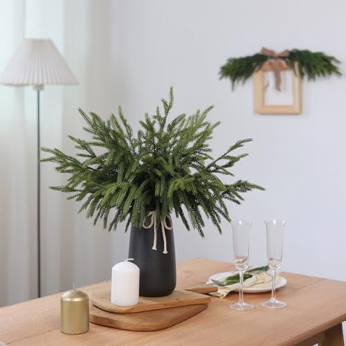 YXZZWL 16 Pcs Christmas Norfolk Pine Branches, 18 Inch Soft Textured Artificial Norfolk Pine Branch Faux Cedar Pine Stem Fake Greenery Picks for Vase DIY Garland Wreath Home Decoration