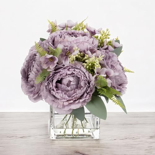 ENOVA FLORAL Artificial Flower Arrangement with Vase,Mixed Artificial Silk Peony Flower in Vase for Decoration Home Office, Wedding Centerpiece (Purple02) - color: Purple02