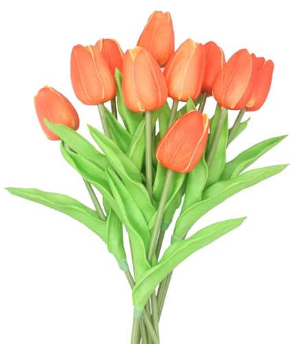 Artificial Flowers 10 Heads Mini Real Touch Artificial Tulip for Home Wedding Party Centerpiece Decoration (Gradient Orange) - color: Gradient Orange